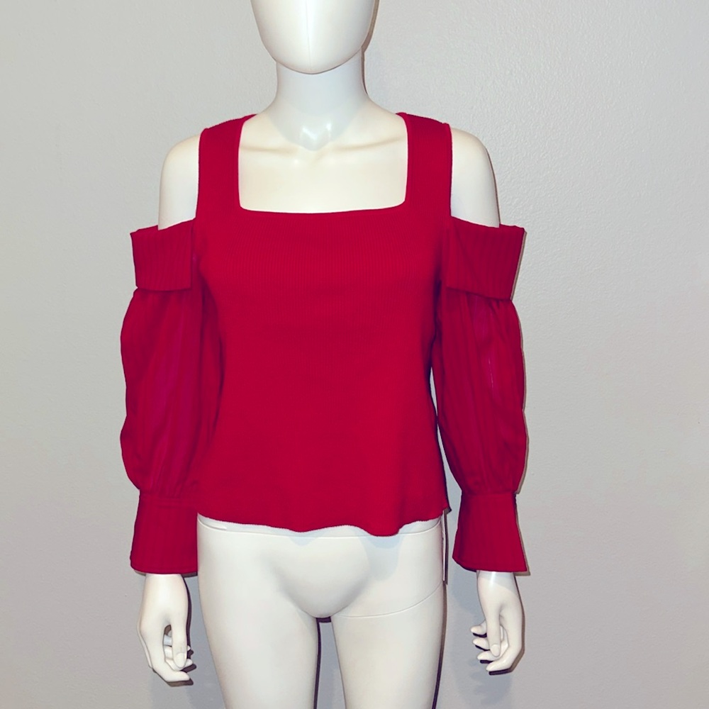 ADEAM Intermix “Province” ribbed cold shoulder top in rose red S L